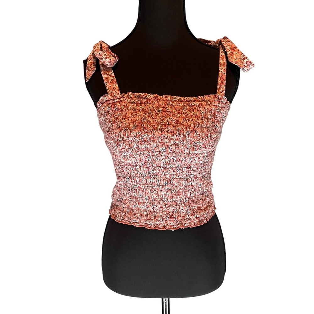 Abercrombie & Fitch Smocked Floral Tie Shoulder Crop Tank Top Terracotta M Boho